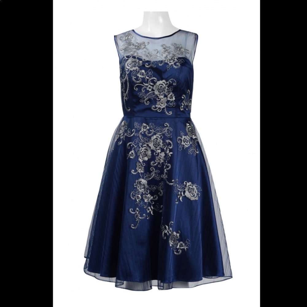 Decode1.8 blue navy mesh embroidered A line dress